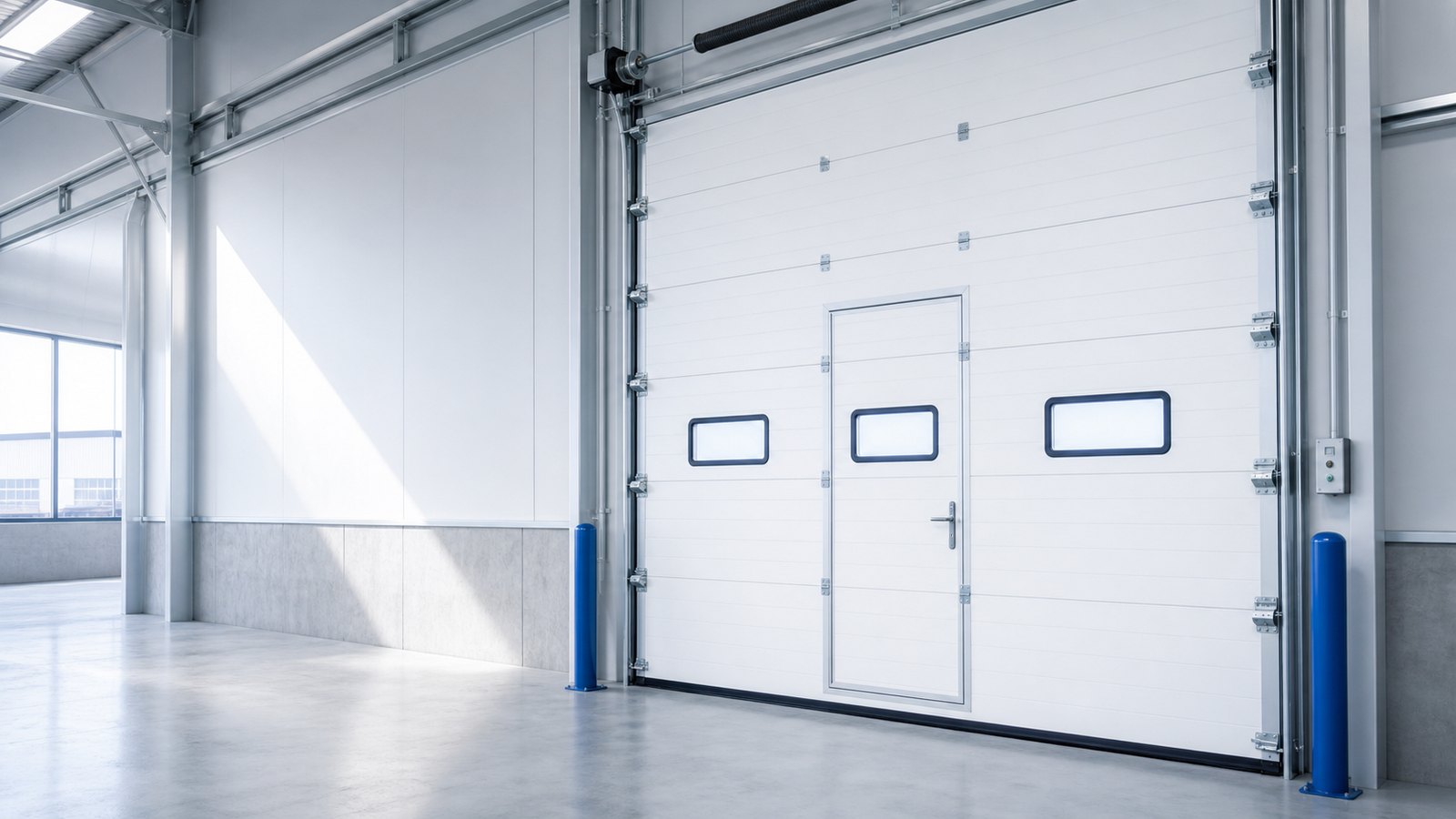 Industrial sectional door with wicket door for industrial warehouse access