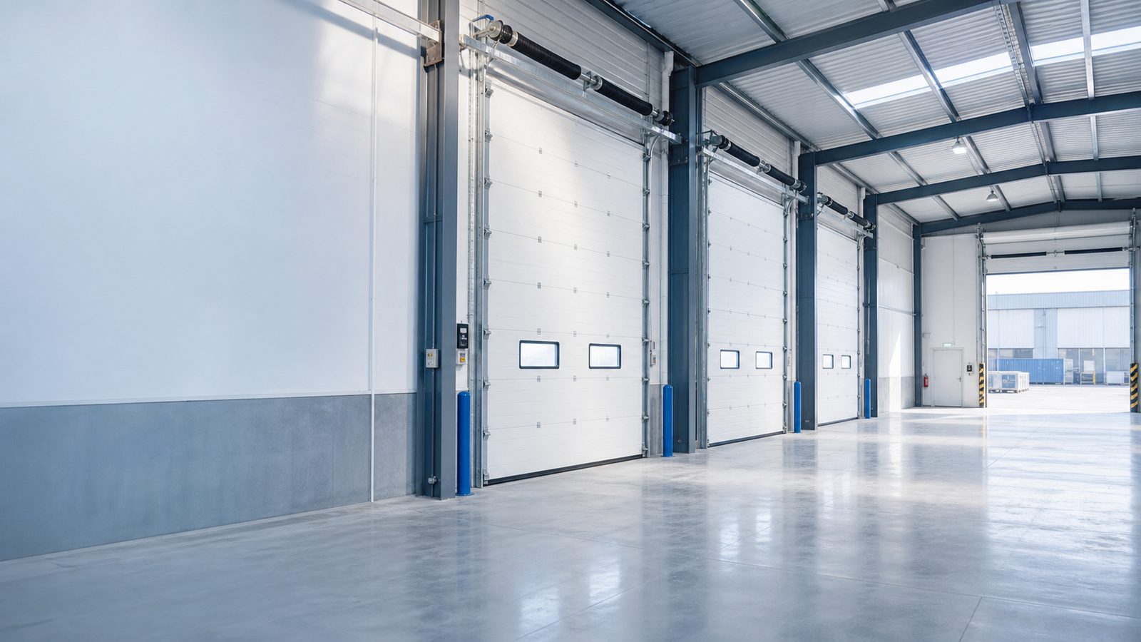 Portas seccionais de armazém instaladas dentro de um armazém industrial limpo