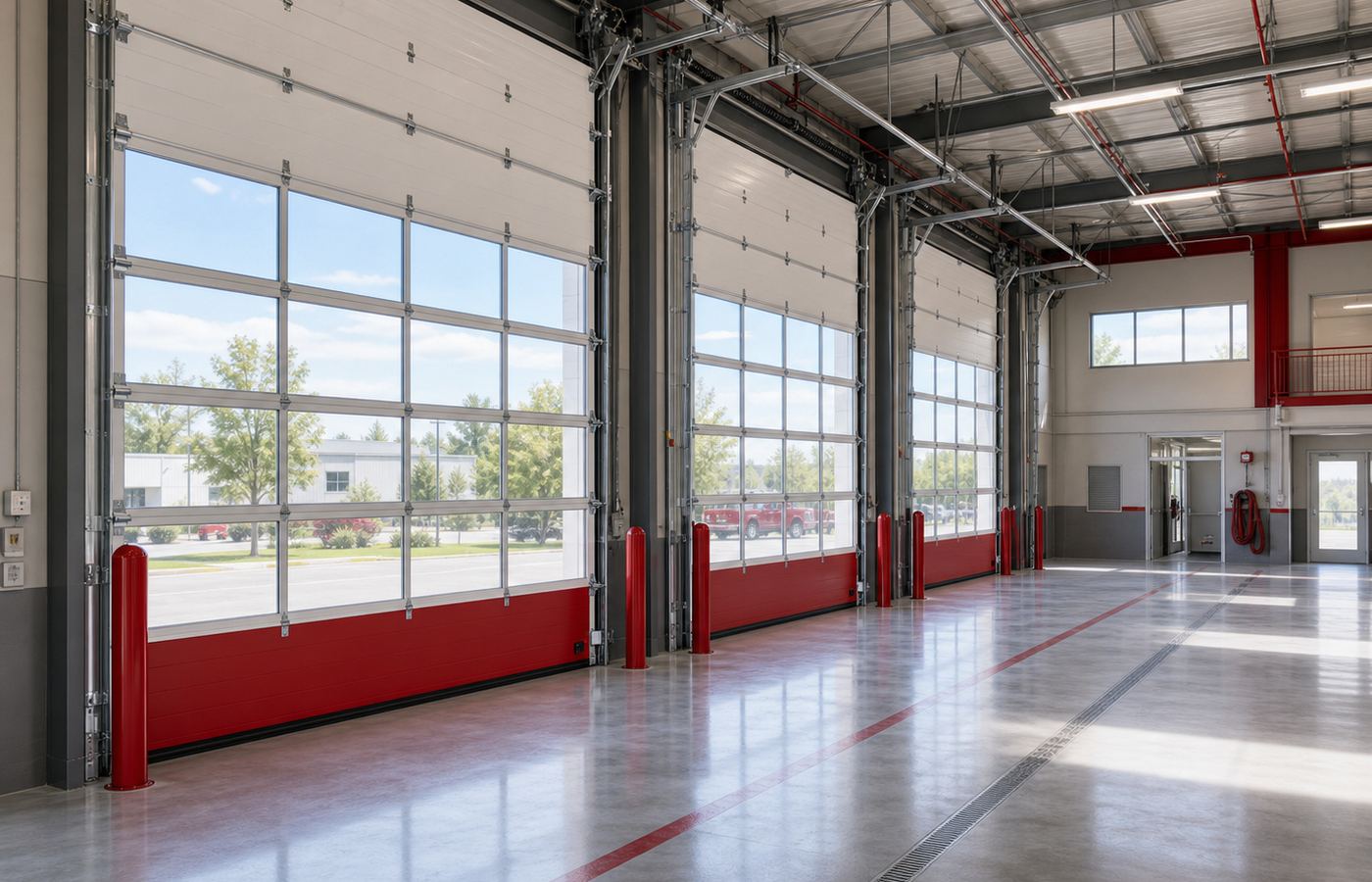 Feuerwehr-Garagentore mit Ganzglasfenstern in einer Fahrzeughalle