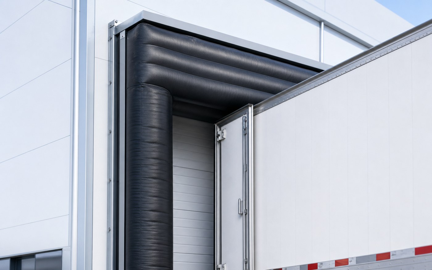Inflatable dock shelter airbag detail sealing around truck rear edge