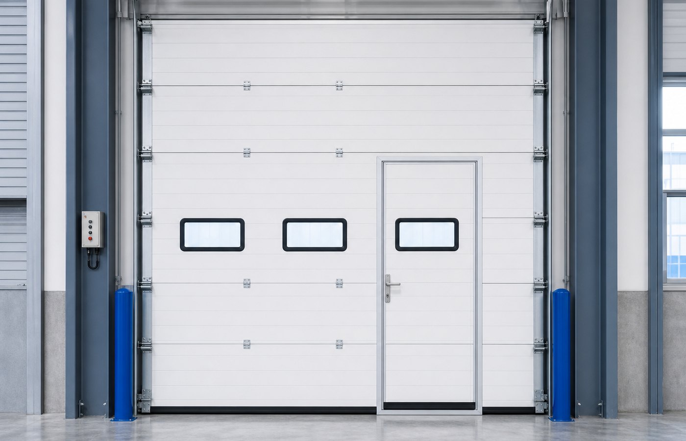 Sectional garage door with pedestrian door and windows for industrial use