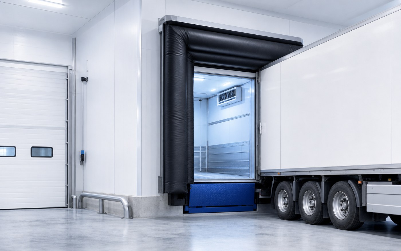 Cold-chain loading dock with inflatable dock shelter sealing a refrigerated trailer