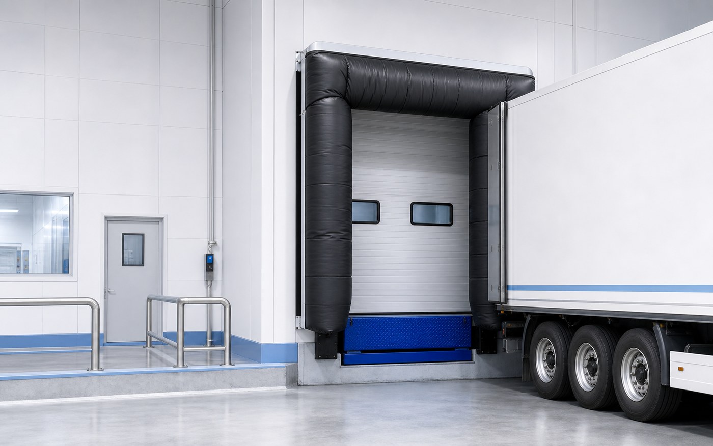 Food and pharmaceutical warehouse inflatable dock shelter for clean loading