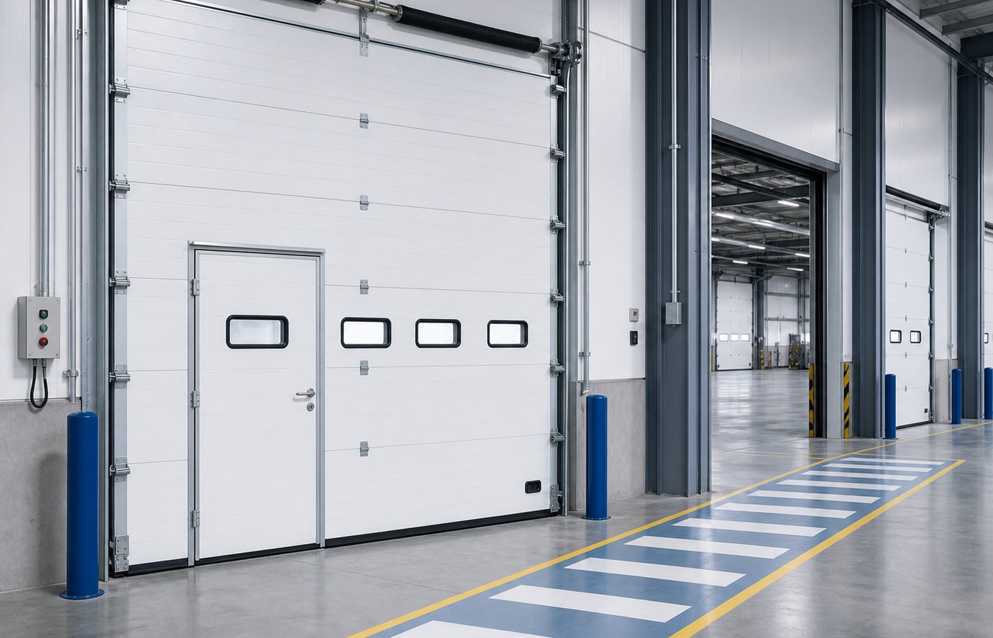 Overhead door with pedestrian door for warehouse pedestrian walkway