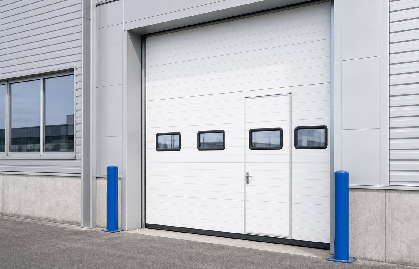 Sectional garage door with wicket door for commercial building exterior