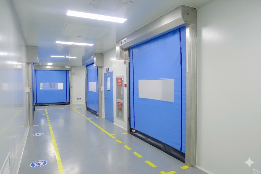 Premium high speed freezer door installed in a clean modern food logistics cold storage facility
