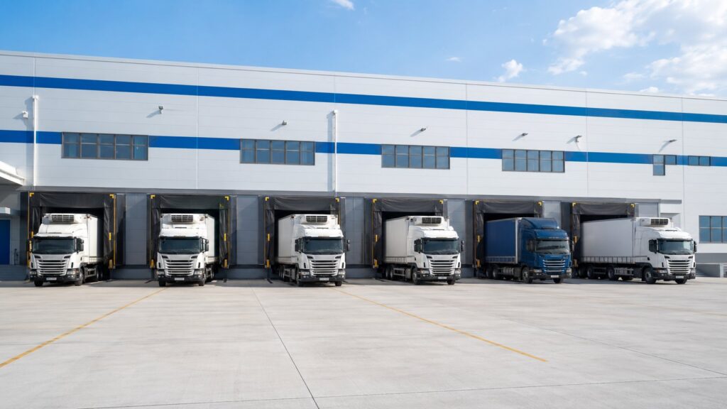Heavy duty loading dock shelter installation at a modern cold chain warehouse logistics terminal