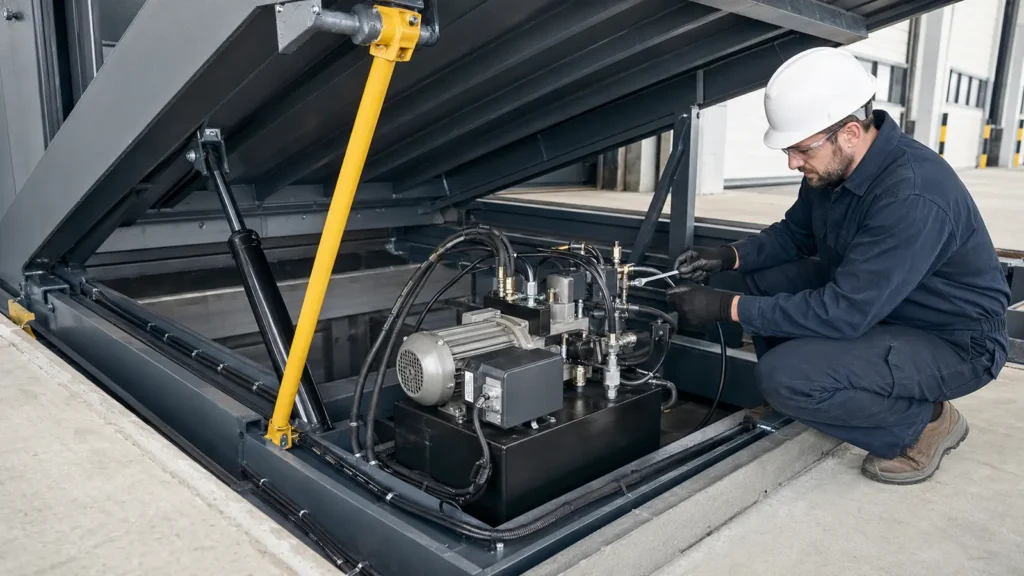 hydraulic dock leveler installation electrical and hydraulic connection inspection