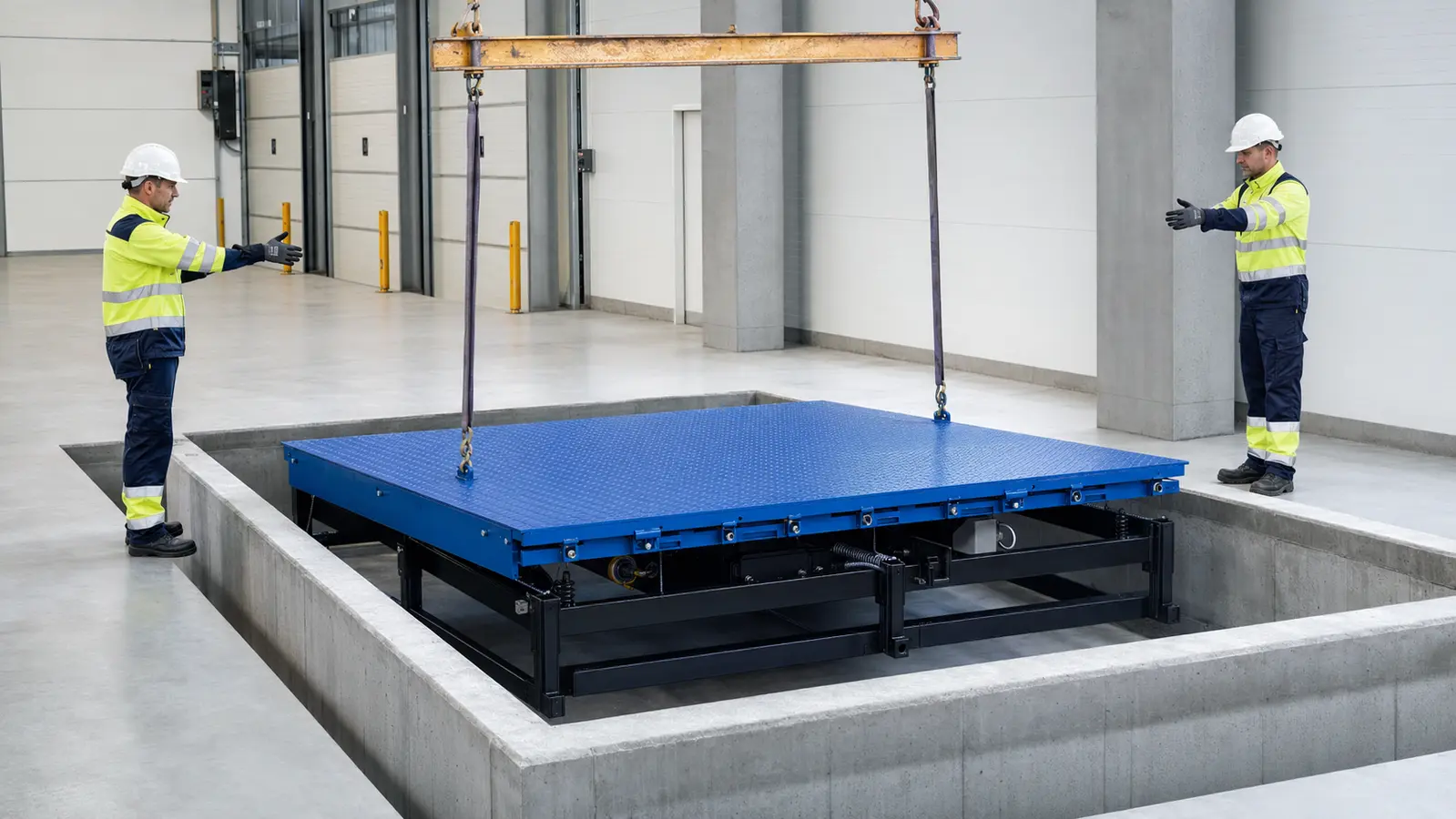 loading dock leveler installation with hydraulic platform lowered into concrete pit