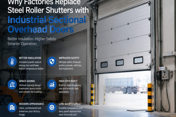 Industrial sectional overhead doors replacing steel roller shutters in factory warehouse