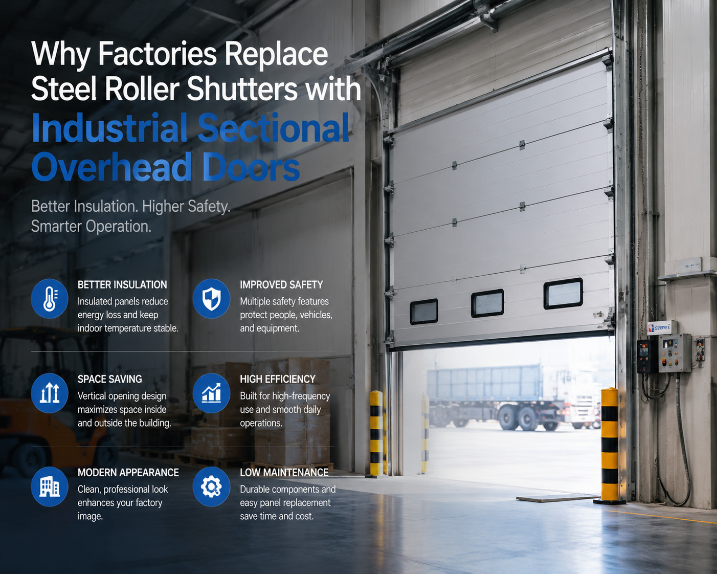 Industrial sectional overhead doors replacing steel roller shutters in factory warehouse