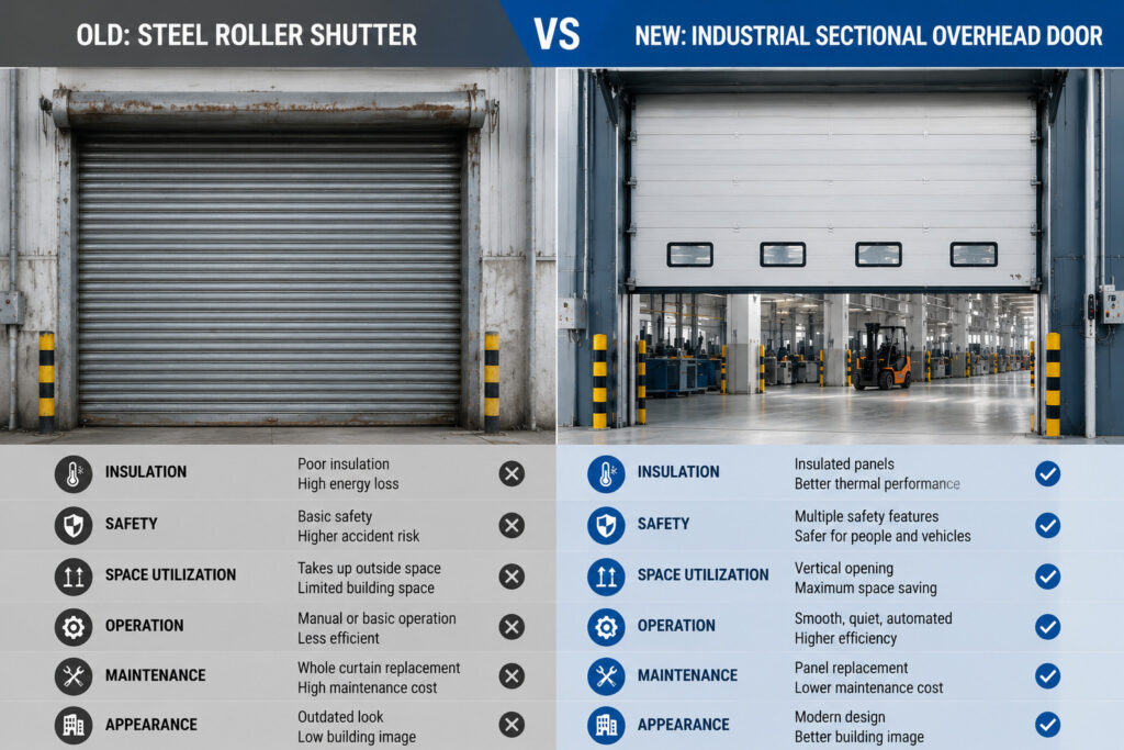 Old Steel Roller Shutter vs New Industrial Sectional Overhead Door Comparison