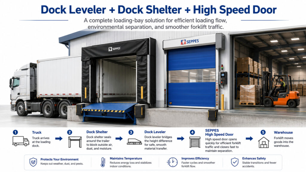 Dock leveler, dock shelter and SEPPES high speed door loading bay solution