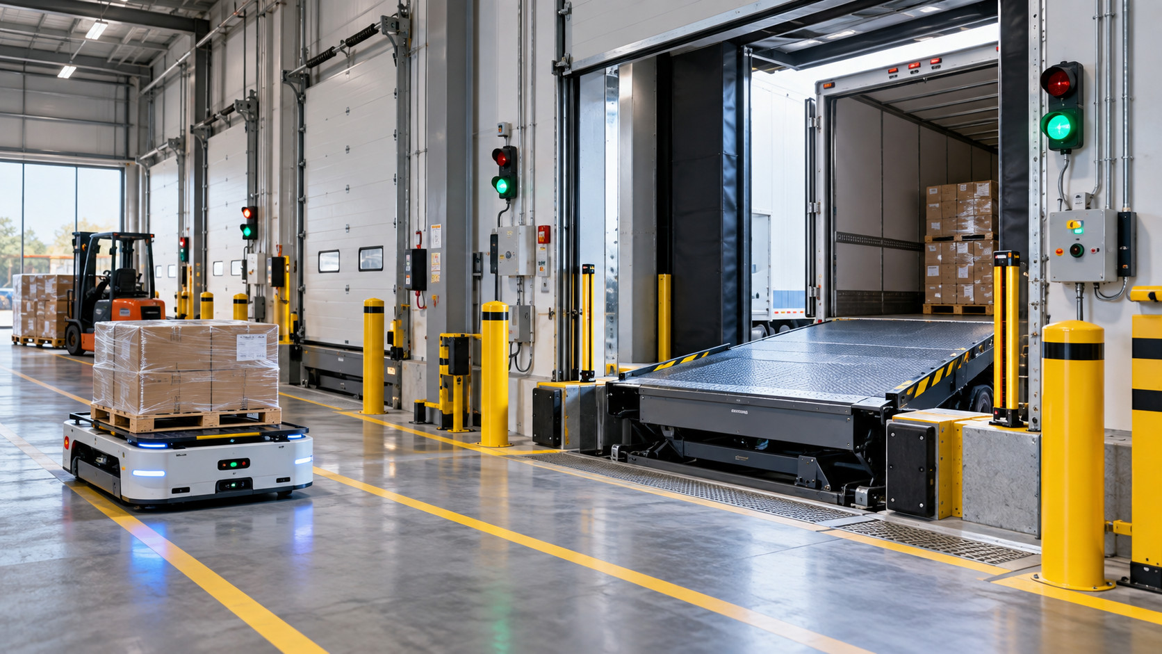Loading dock safety automation with AGV dock leveler industrial door traffic lights and safety sensors