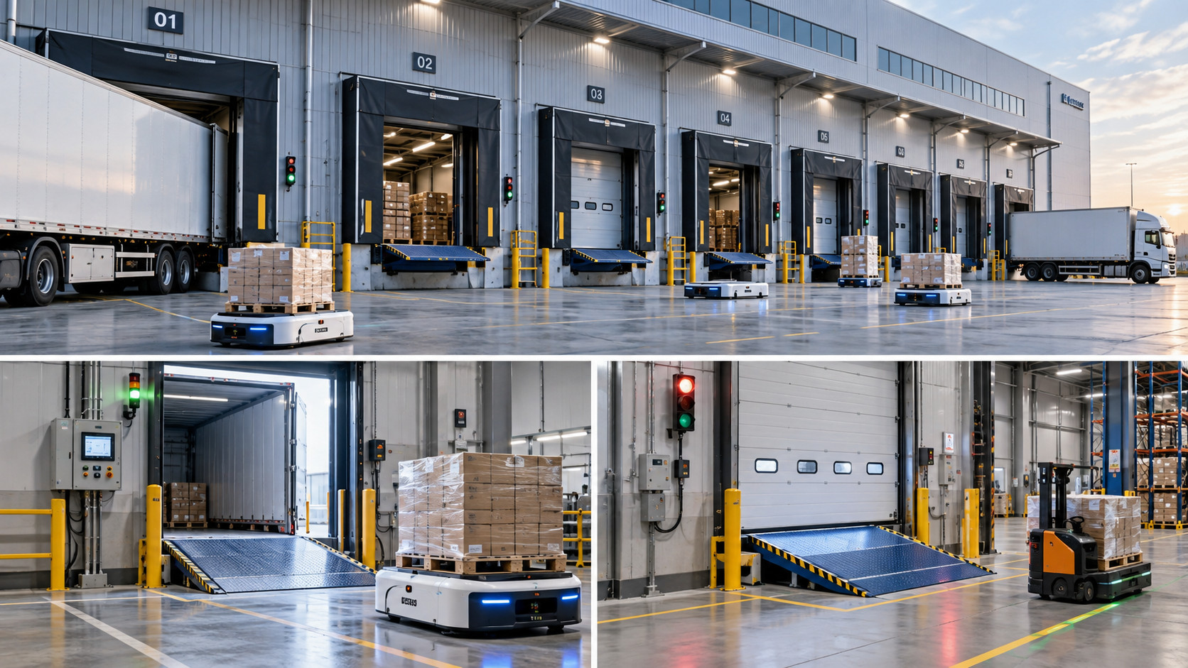 Automated warehouse loading docks with dock levelers industrial doors trucks and AGVs