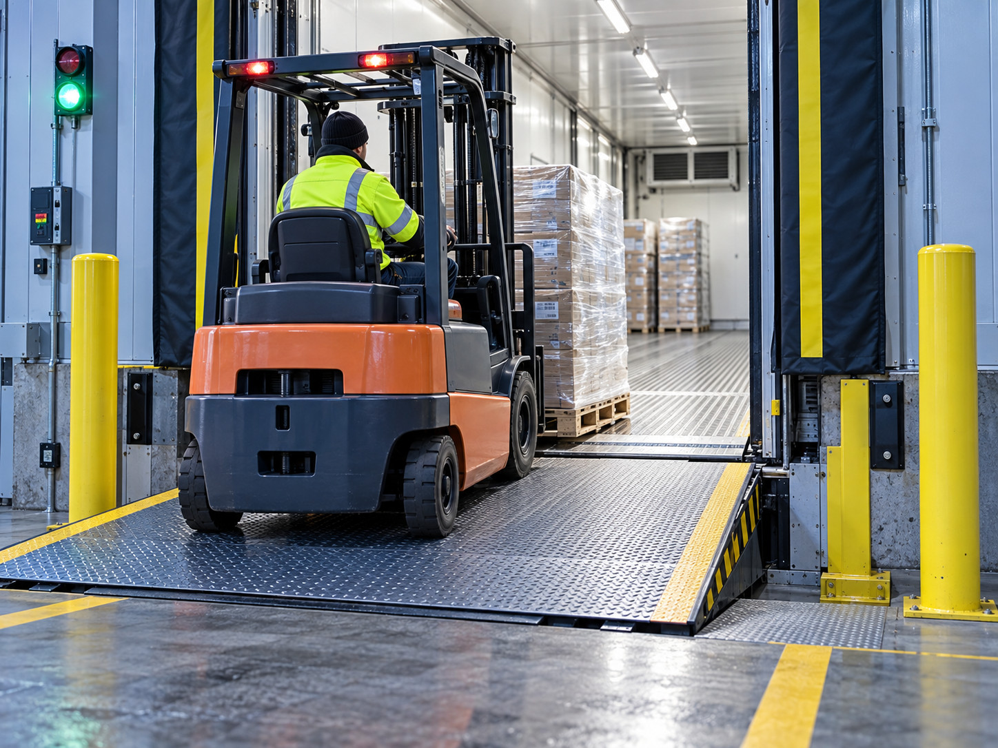 Loading dock safety forklift crossing hydraulic dock leveler