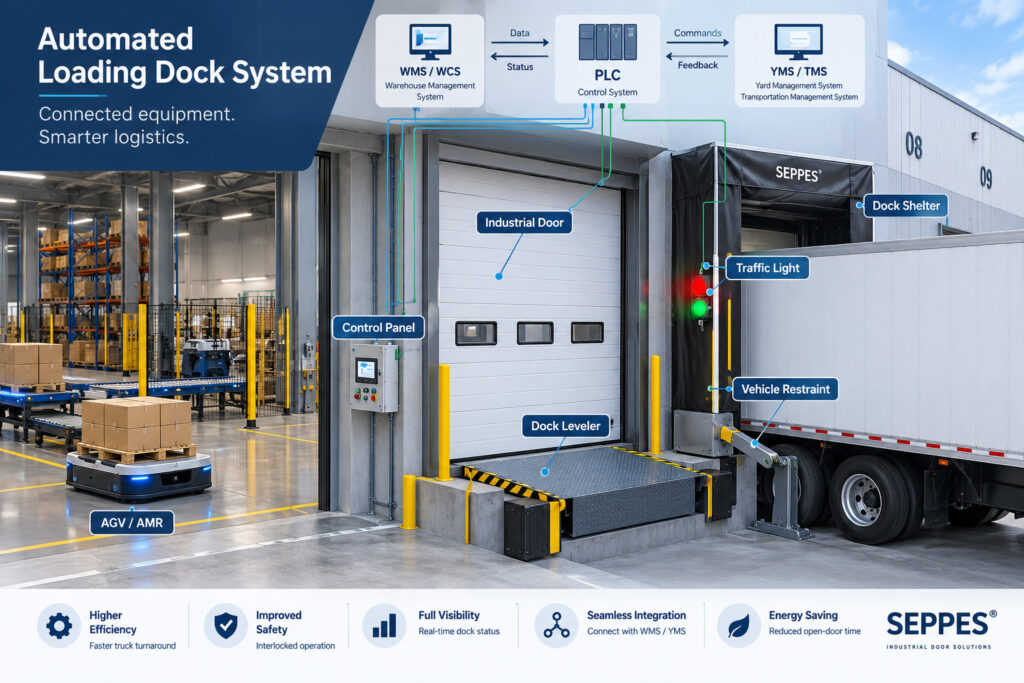 Automated loading dock system with WMS PLC industrial door and dock leveler