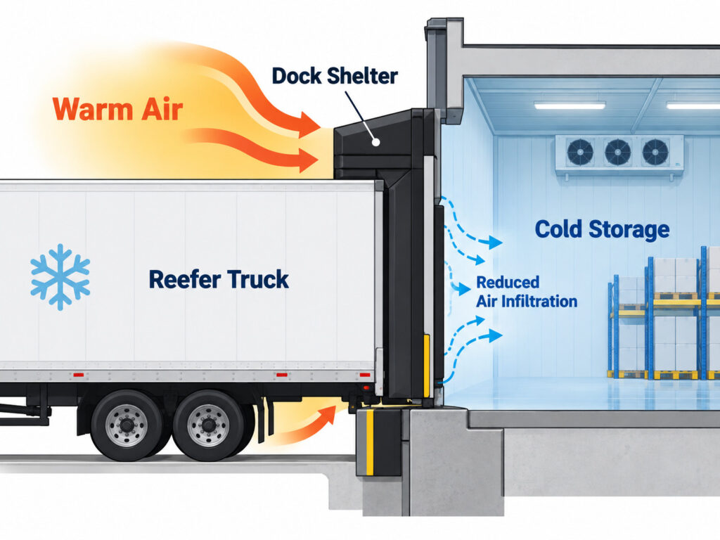 Dock shelter reducing air infiltration at a refrigerated warehouse loading dock