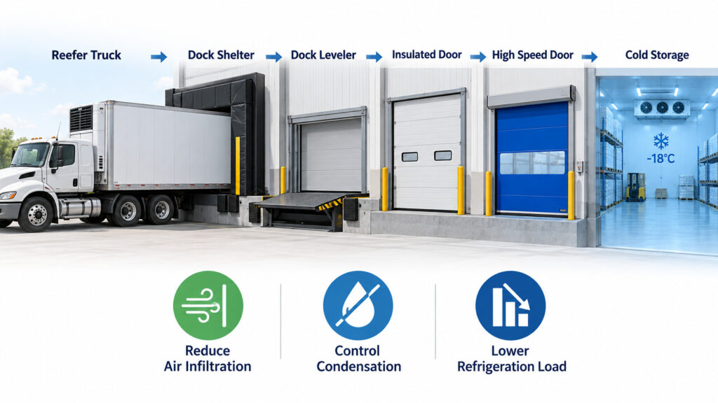 Energy-efficient cold storage loading dock with dock shelter and dock leveler