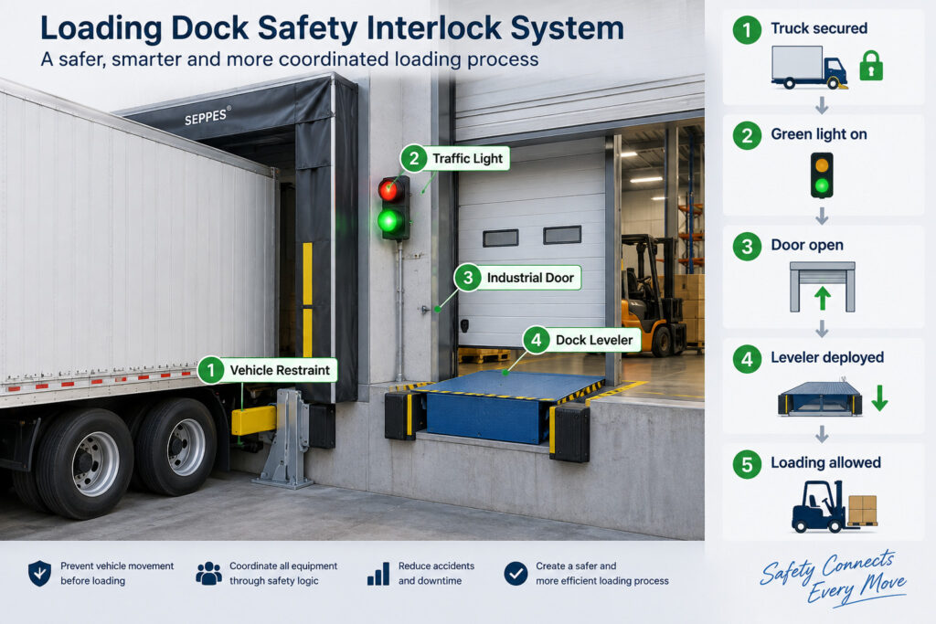 Loading dock safety interlock with vehicle restraint door and dock leveler