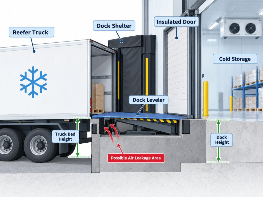 Refrigerated warehouse dock leveler design with dock shelter and insulated door