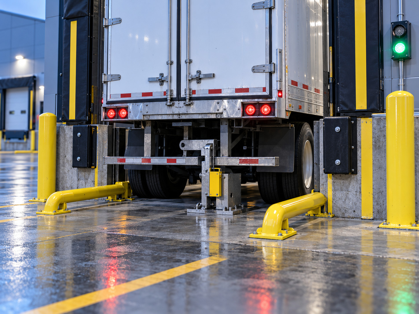 Loading dock safety vehicle restraint and dock bumpers