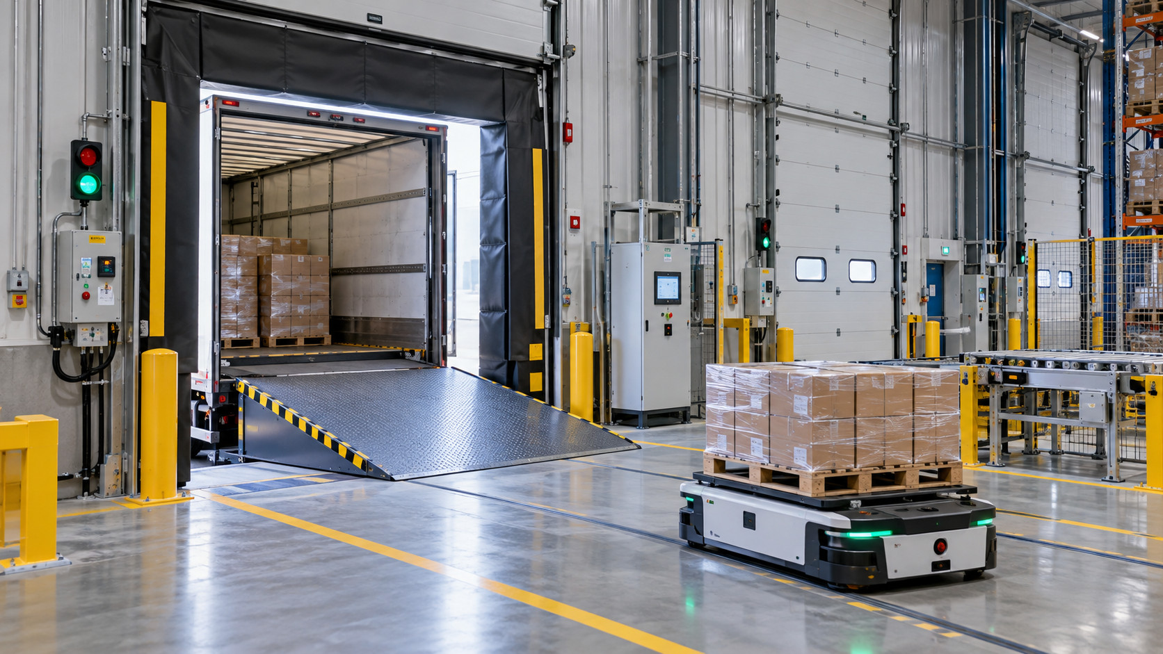 Smart loading dock automation system with AGV dock leveler industrial door sensors and control panel