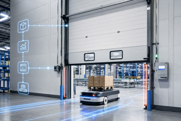 warehouse door automation with industrial sectional door and AGV