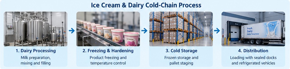 Ice cream and dairy cold chain process from production to freezer storage and distribution