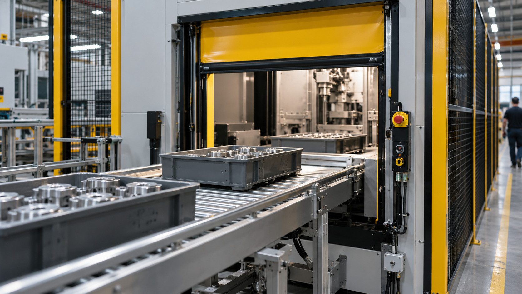high speed machine safety door integrated with conveyor system
