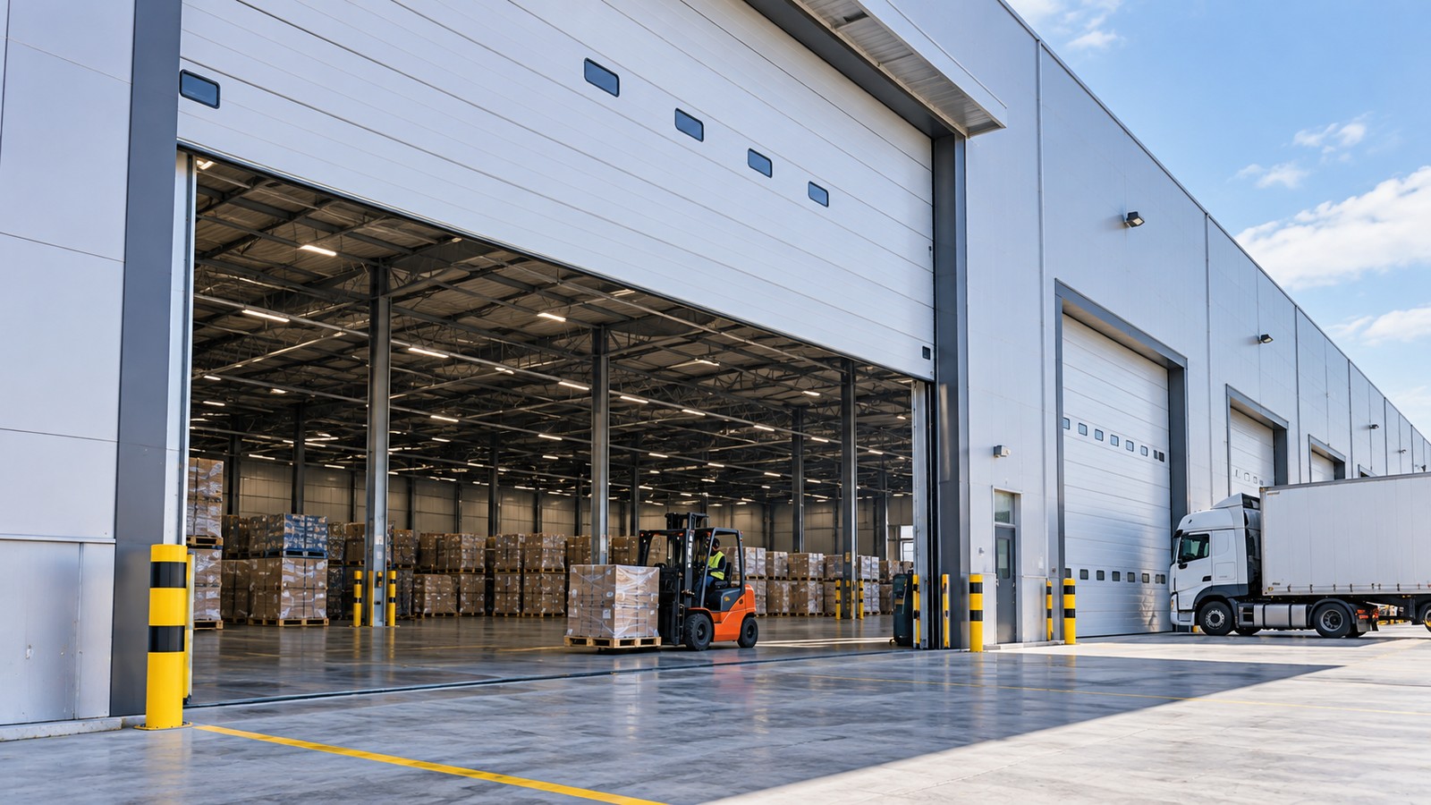 Large overhead doors for logistics warehouse access