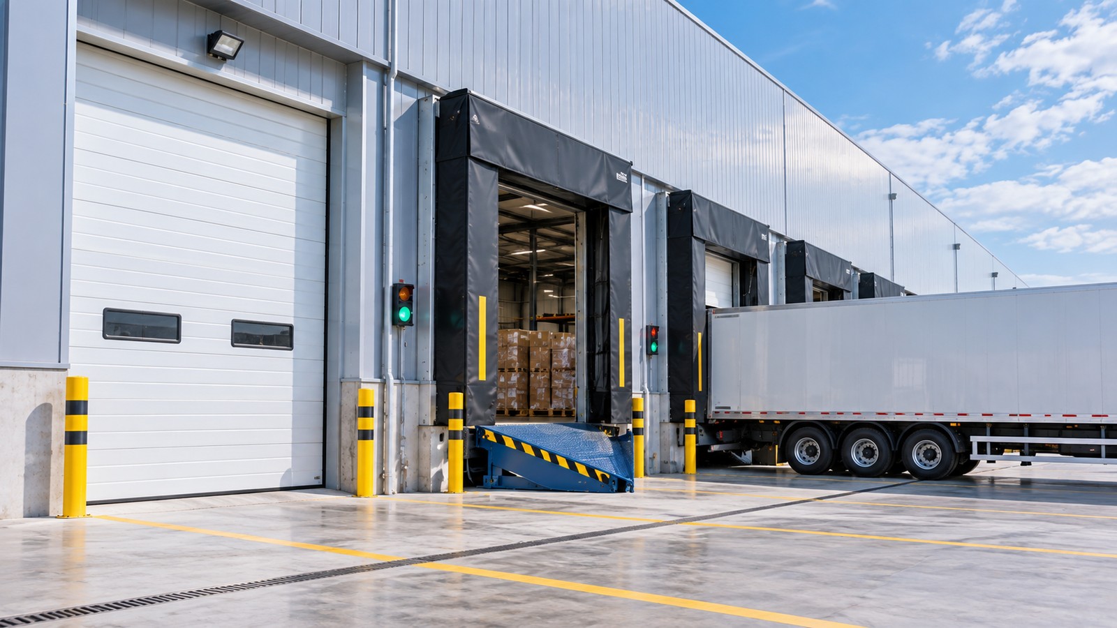 Loading dock doors for a logistics warehouse