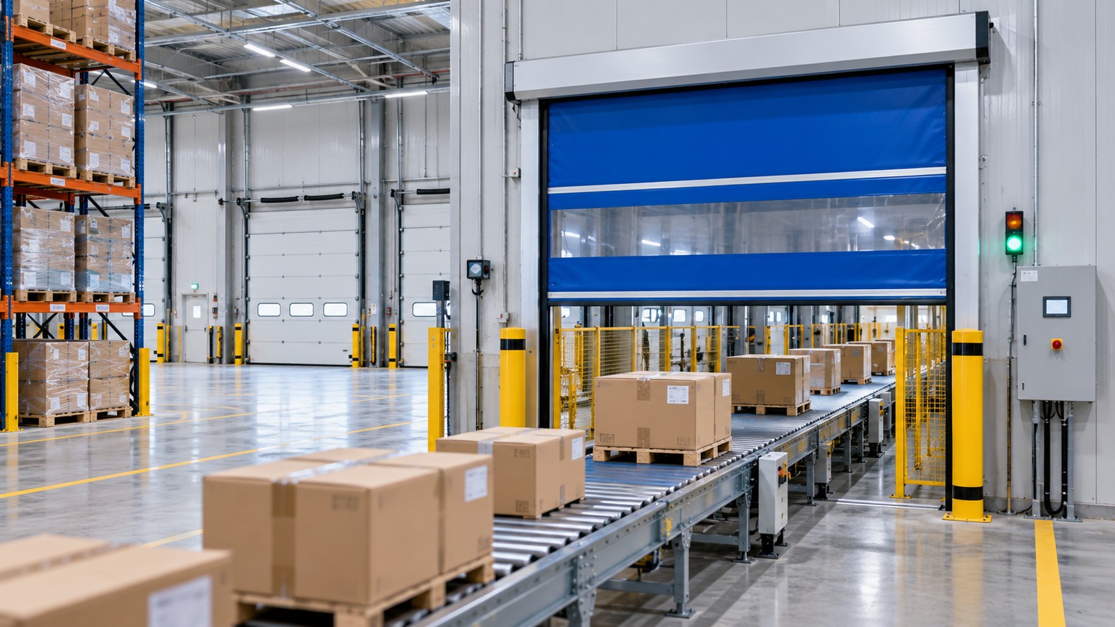 Warehouse door integrated with conveyor automation