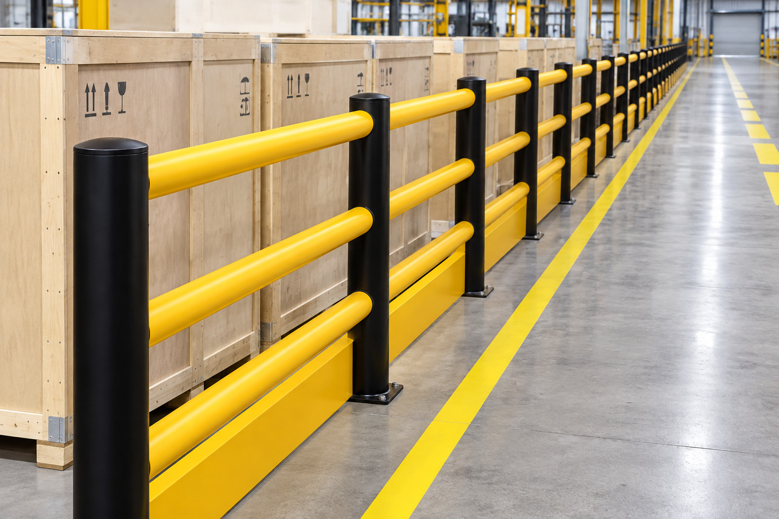 Warehouse guardrail system separating pedestrian walkways from forklift traffic