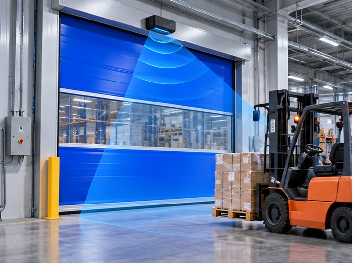High speed door radar sensor detecting an approaching forklift in an industrial warehouse