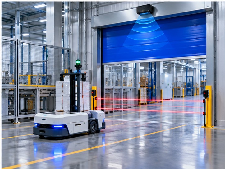 High speed door sensors integrated with radar photoelectric protection and AGV warehouse automation