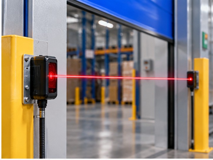 Photoelectric door sensor detecting an obstruction across an industrial high speed door opening