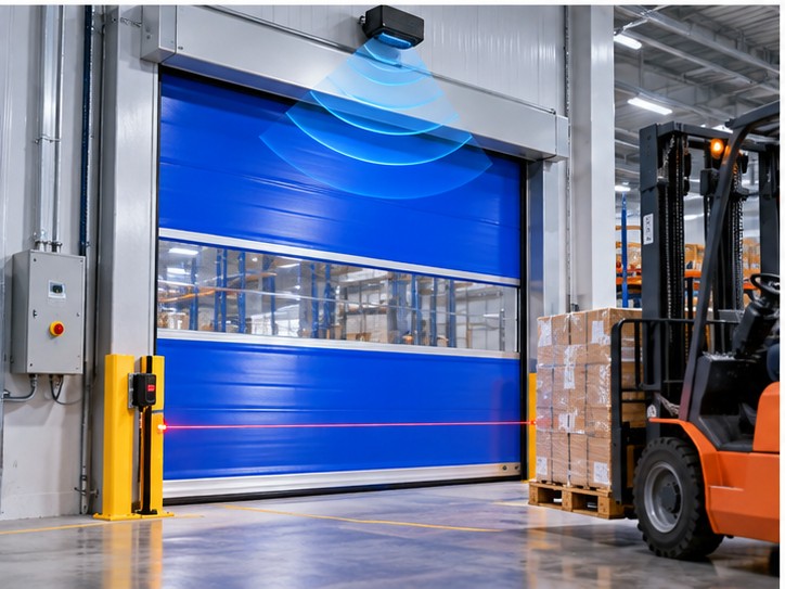 High speed door sensors comparing radar activation and photoelectric obstruction detection