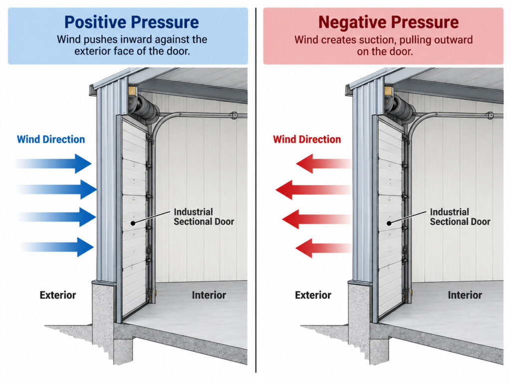 Positive and negative wind pressure on an industrial sectional door